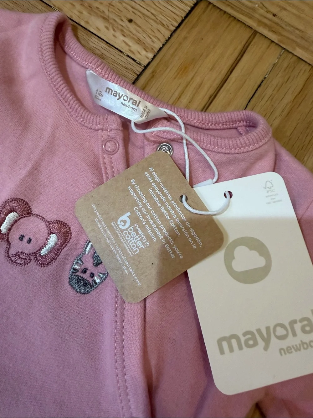 Mayoral Pink Footed Baby One-Piece with Animal Embroidery